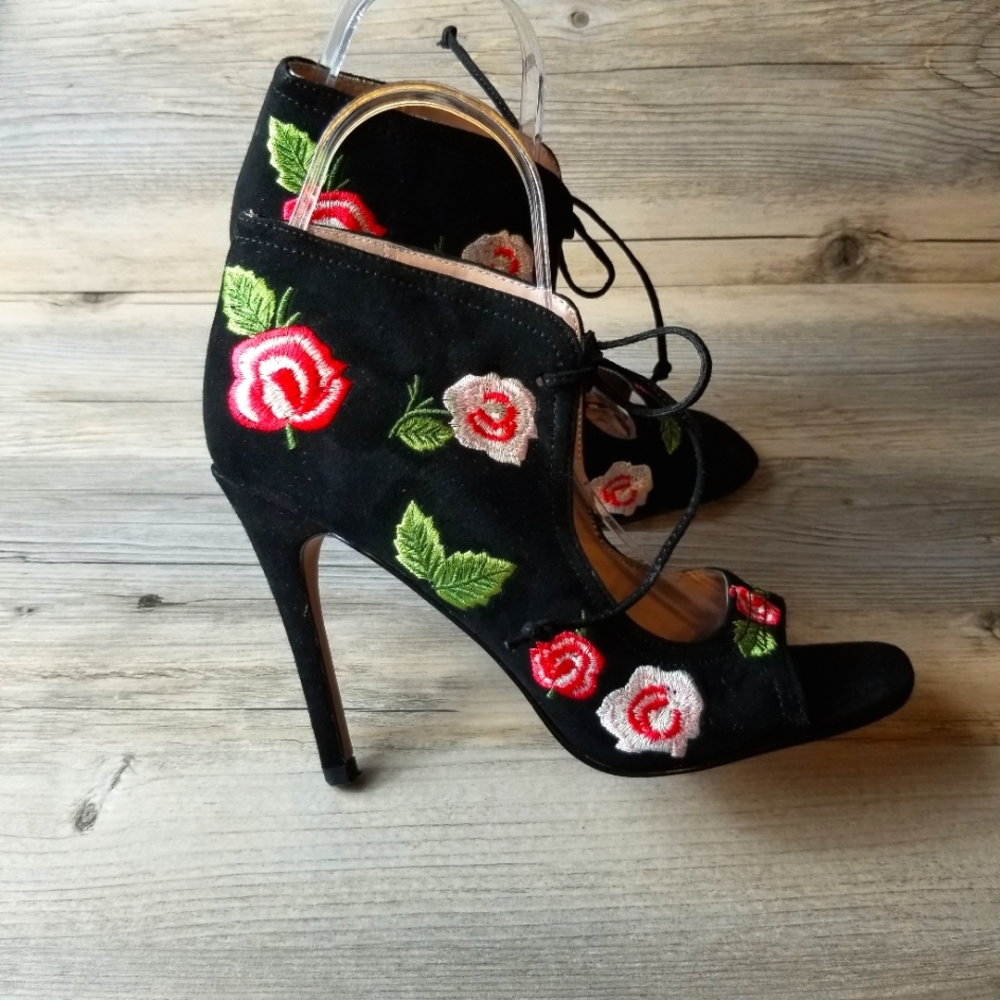 Betsey Johnson Caroline Floral Embroidered Lace Up Open Toe High Heel